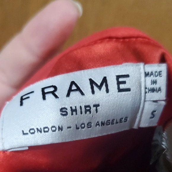 Frame Denim Red Button Down Silk Mock Collar Blouse - Picture 2 of 8